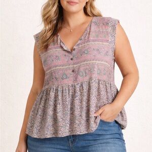 Lucky Brand Pink and Green Patterned Blouse